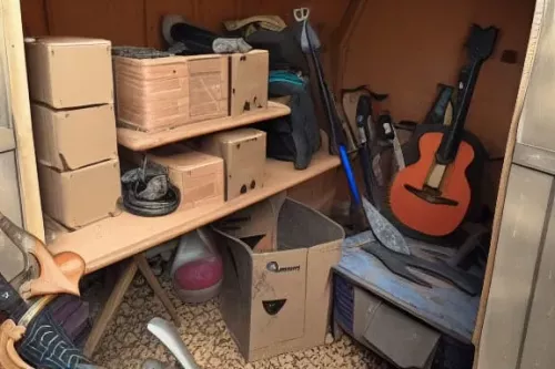 two boxes and a battle axe in dusty shed