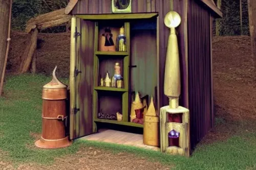 wizard potion shed with staff and hat
